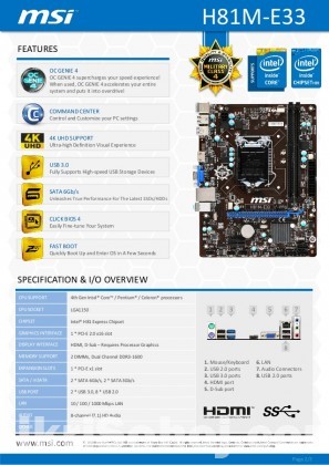 MSI H81M-E33 DDR3 4th Gen.LGA 1150 Socket Mainboard (HDMI)